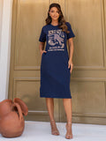 Vestido Midi Algodão Aplicação c/ Bolso